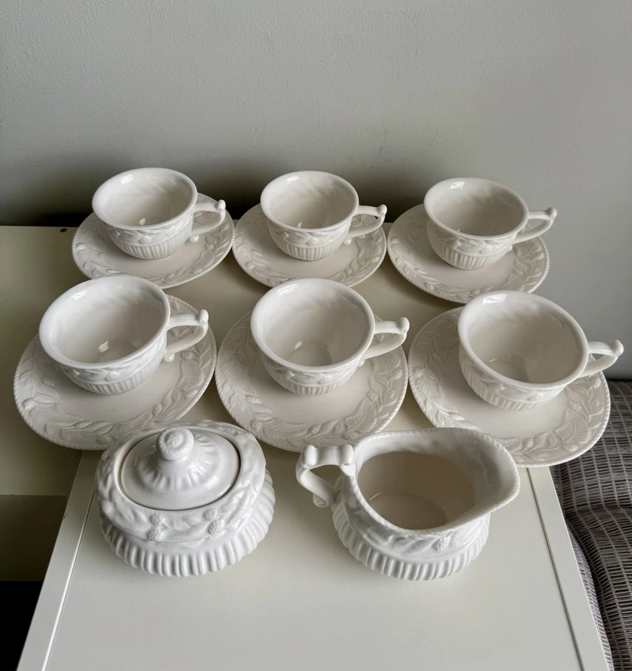 GRACE’S TEAWARE Porcelain White Embossed Fruit/berry Vine 14 Piece Set MINT - Image 2 of 4