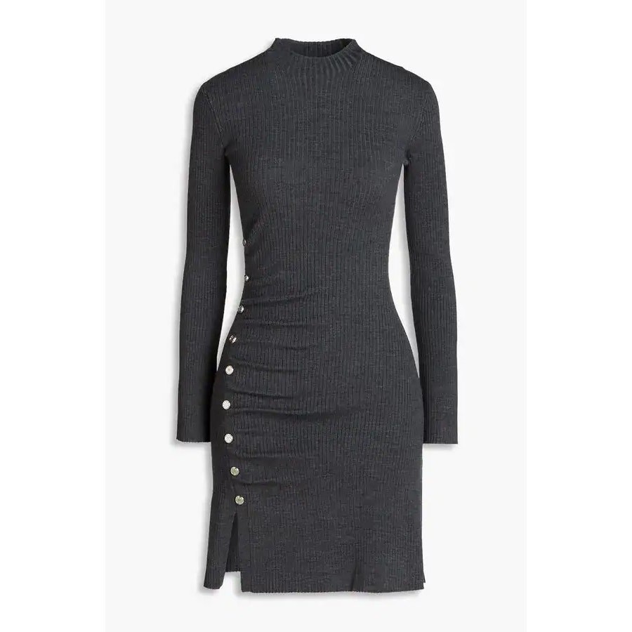 Maje dress rib knit mini mock neck gray silver button minimalist French 40 US 8