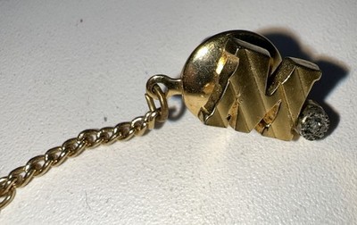 Vintage Gold Tone Initial M Tie Tack Monogram Lapel Pin Diamond Accent T-Bar