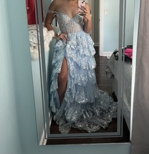 Sherri Hill Light 55500 Blue Off Shoulder Lace Layered Prom Ballgown Dress