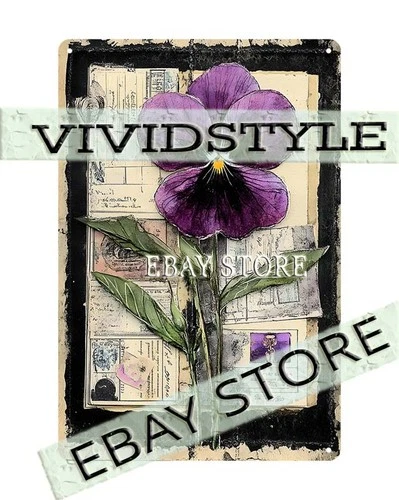Tin Wall Sign Vintage Pansy Study antique botanical aesthetic