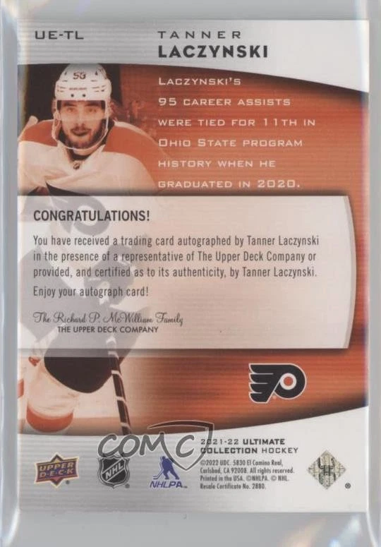 2021 Ultimate Collection Emblems Gold /49 Tanner Laczynski #UE-TL Rookie Auto RC - Image 2 of 2