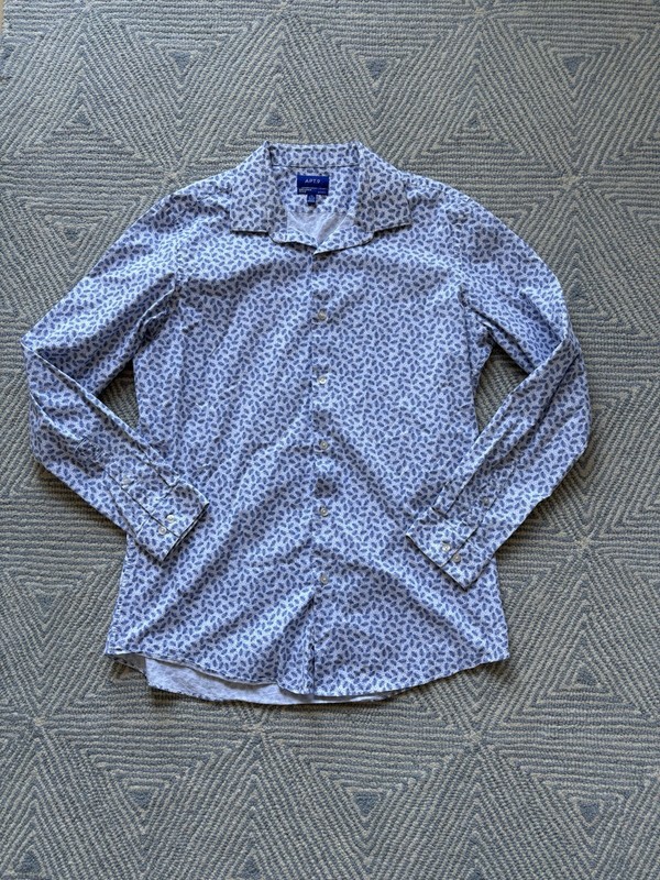 Apt 9 Flex Slim Fit Button Long Sleeve Shirt White w/ Blue Leaf 17 17.5 36/37