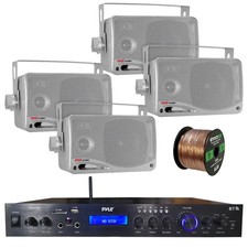 Home Amplified Bluetooth MP3 Receiver, 4x 3.5'' Silver Speaker, 16-G 50 Ft Wire
