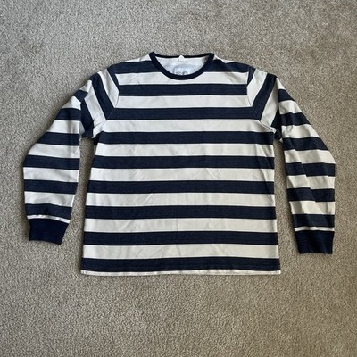 ALBAM Heavy Cotton Striped Pullover Sweatshirt Men's XL Blue/White Crew Neck