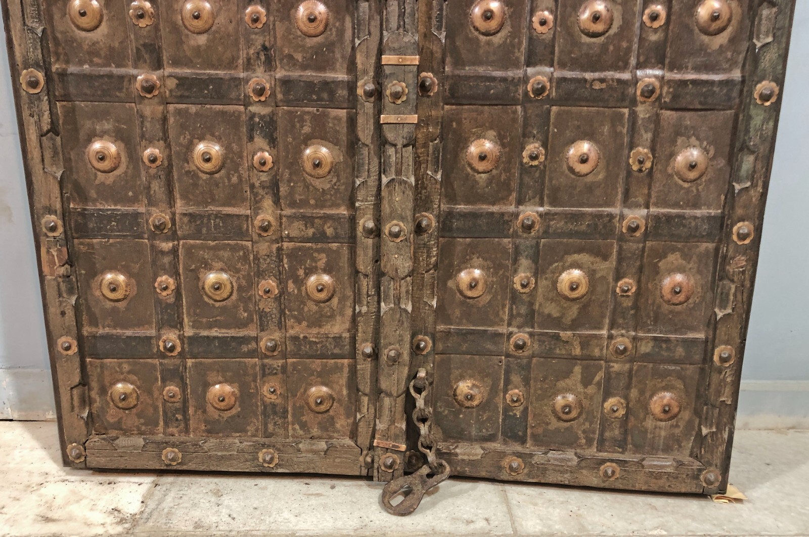 Original Antique Teak Wood Big Size Wall Décor Door Panel Iron Brass