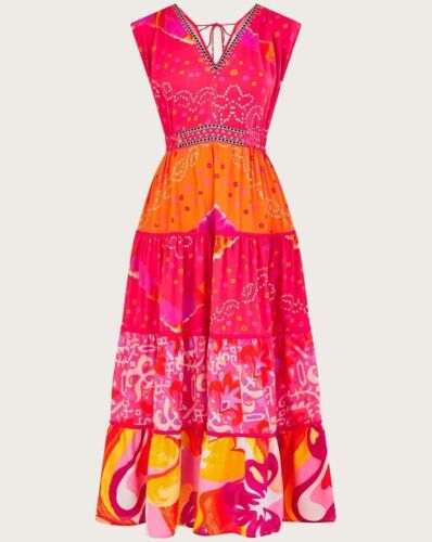 WOW Monsoon Bandhani Size XXL 24 Orange Pink Embellished Midi Maxi Dress - Picture 3 of 15