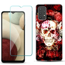 For Samsung Galaxy A32 5G Slim Case, w/ Tempered Glass - Rose Skull