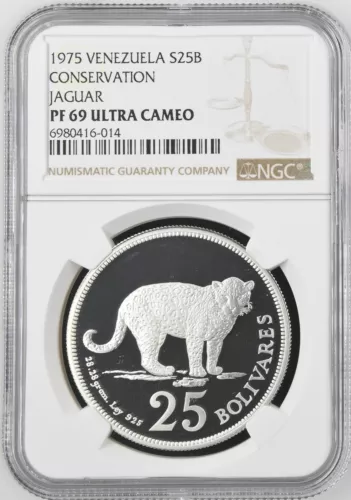 1975 SILVER VENEZUELA JAGUAR CONSERVATION 25 BOLIVARS COIN NGC PF 69 UC