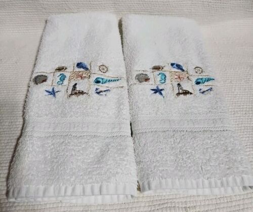 MainstaysBath Handtowels Set Of 2 White W/Embroidered Seashell Lighthouse T60