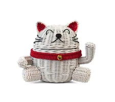 Lucky Cat Rattan Basket with Lid, Handwoven Organizer, Cute Decor, Gift Idea