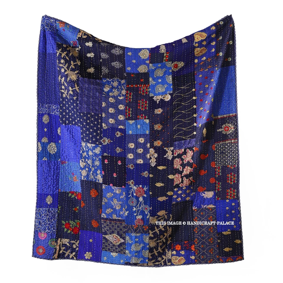 Manta de algodón hecha a mano india Kantha Throw de retazos vintage azul Foto 2 de 4