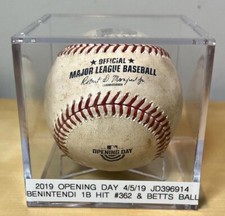 ANDREW BENINTENDI MOOKIE BETTS 2019 OPENING DAY LOGO GAME USED BASEBALL RED SOX