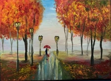 Original acrylic painting Autumn park for lovey-dovey couples 25 x 35 cm
