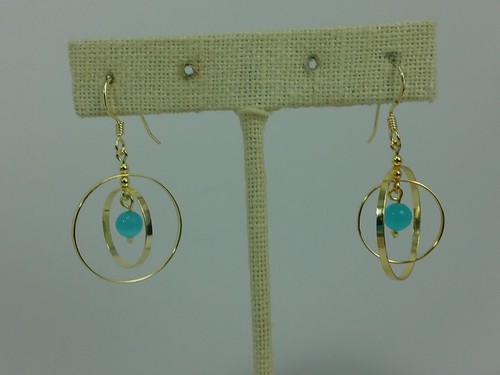 Orecchini Vintage MA Oro su Argento Sterling Moonglow Teal Bead Moving Doppio Cerchio - Foto 8 di 13