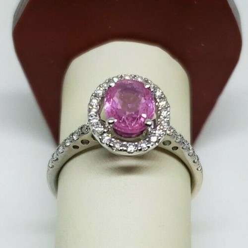 18k White Gold Oval 1.8ct Pink Sapphire And Diamond Halo Ring Size 8.5 3.8 Grams - Picture 5 of 12
