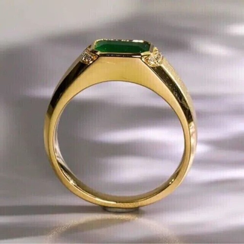 Lab Created Green Emerald 2Ct Emerald Men's Wedding Ring 14K Yellow Gold Plated - Picture 4 of 8
