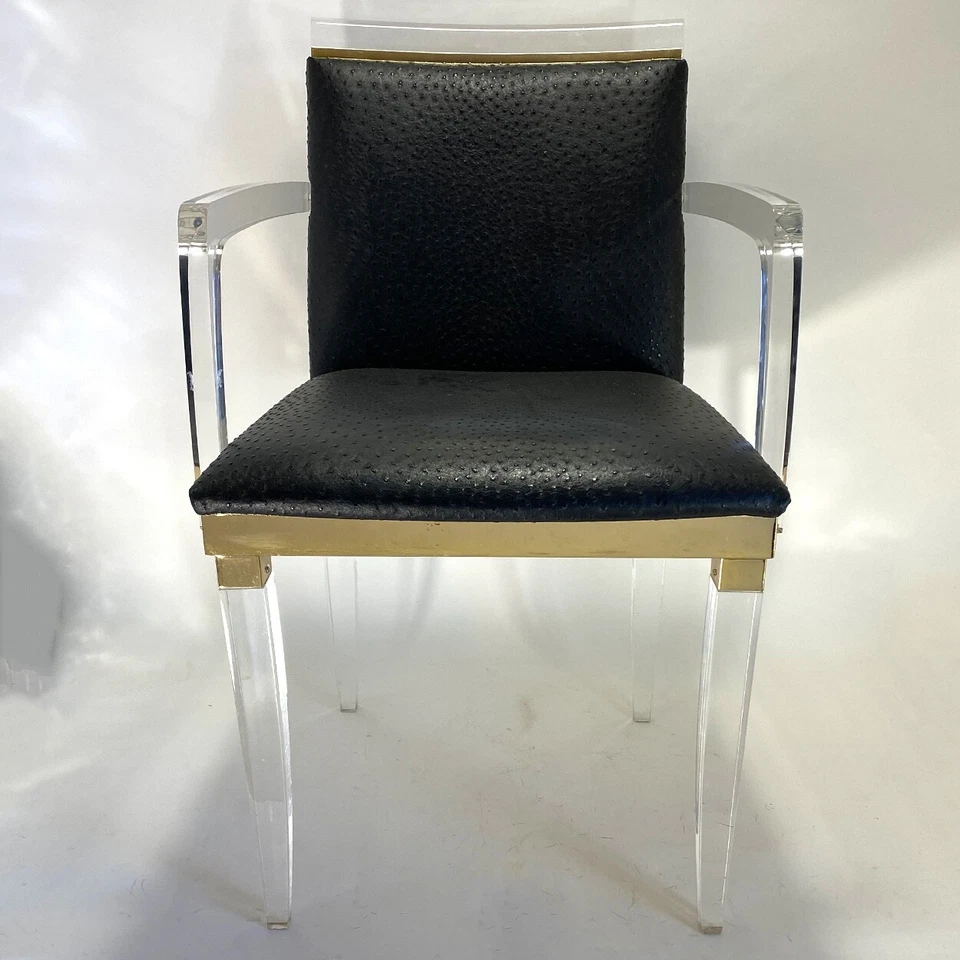Set 4 Vintage French Maison Romeo Brass, Lucite & Ostrich Leather Armchairs - Image 3 of 4