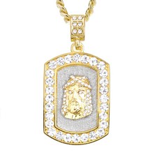 Mens Gold Silver Plated Iced Out CZ Jesus Dog Tag 24 inch Cuban Chain CPB 3151