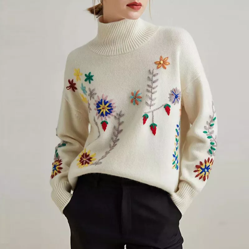 Handmade Embroidery Half High Collar Cashmere Sweater Women Woolen Pullover Top
