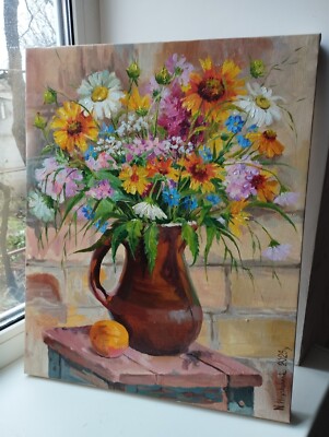Original oil painting Wildflowers in vase on canvas floral