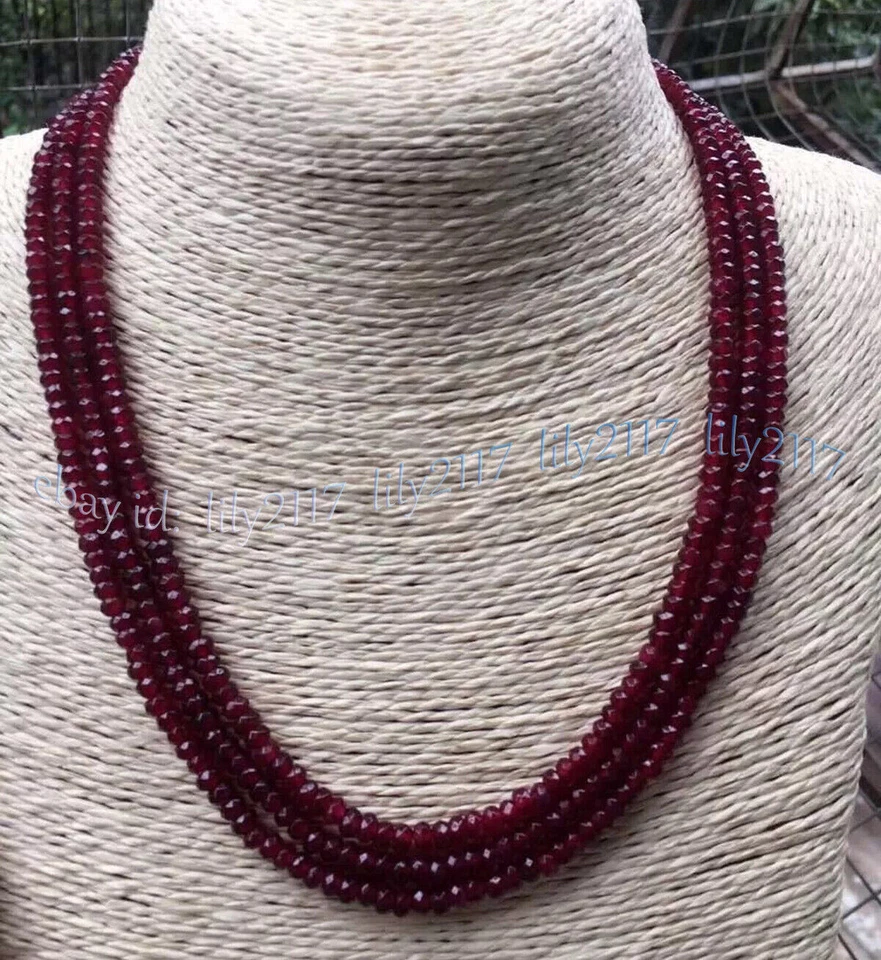 Collar de cuentas de piedras preciosas rondelle granate rojo facetado 3 filas 2x4 mm 18-20"" Foto 3 de 4