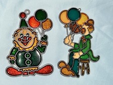 VTG Set 2 Circus Clown Sun Catchers 1970s Creepy Clown Stained Glass Pennywise