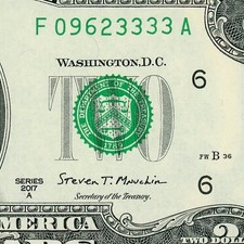 4 in a Row Fancy Serial Number Two Dollar Bill Trailing 3s 2017A F09623333A