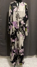 Natori Tsubaki Satin Womens Sz XL Mandarin Zip Caftan Black Floral Graceful NWT