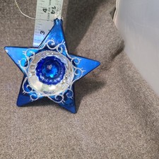 Blue  Silver Blown Glass Star Christmas Ornament, Jewel accent, 4" Tall