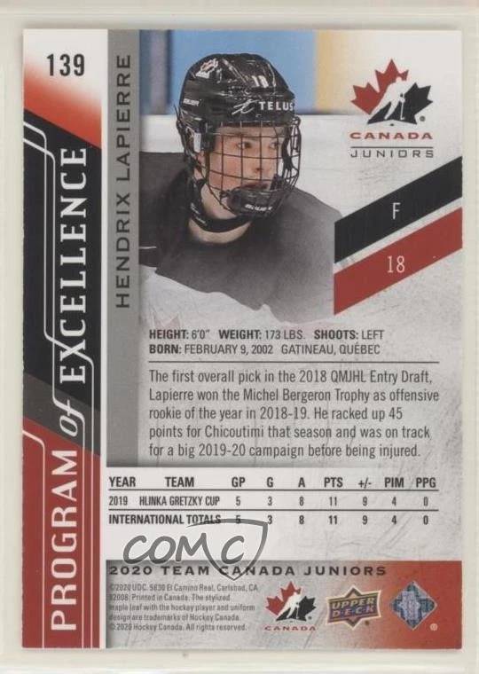 2020 Team Canada Juniors Program of Excellence Exclusives /165 Hendrix Lapierre - Image 2 of 2