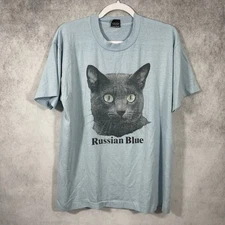 VTG Screen Stars Russian Blue Cat T-Shirt Mens L Blue Single Stitch. Description