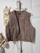 Native American Vest With Fringe And Beads Size Small Brown Leather