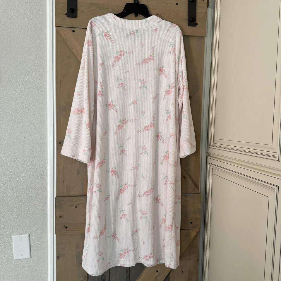 Miss Elaine Robe Womens XL White Pink Floral Zip Front Seersucker Housecoat Long - Image 3 of 4
