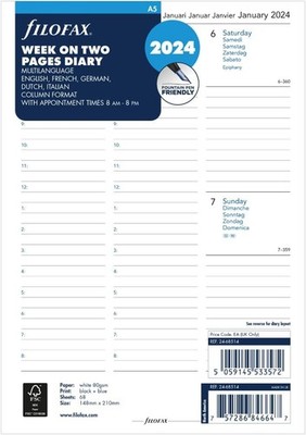 Filofax A5 Woche auf zwei Seiten 5 Sprachtermine 2024 Tagebuch, weiß