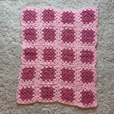 Handmade Crochet Baby Blanket Pink Granny Square Throw 29x34