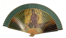 Antique Hand Fan Wood  Linen with Transfer Print Lady Early 1900's Made Spain