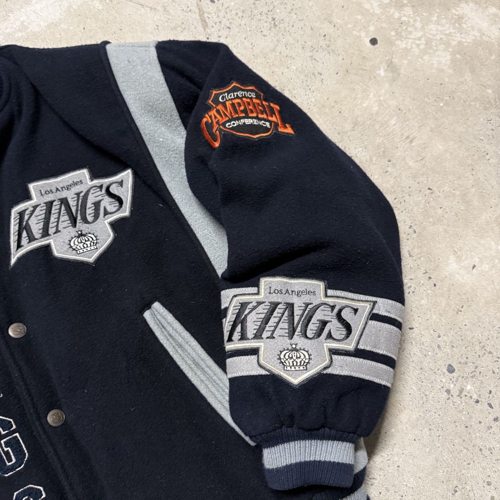 90s NHL Nutmeg LA Kings Wool Snap Button Varsity/Bomber Jacket Size L Y2K - second product detail image