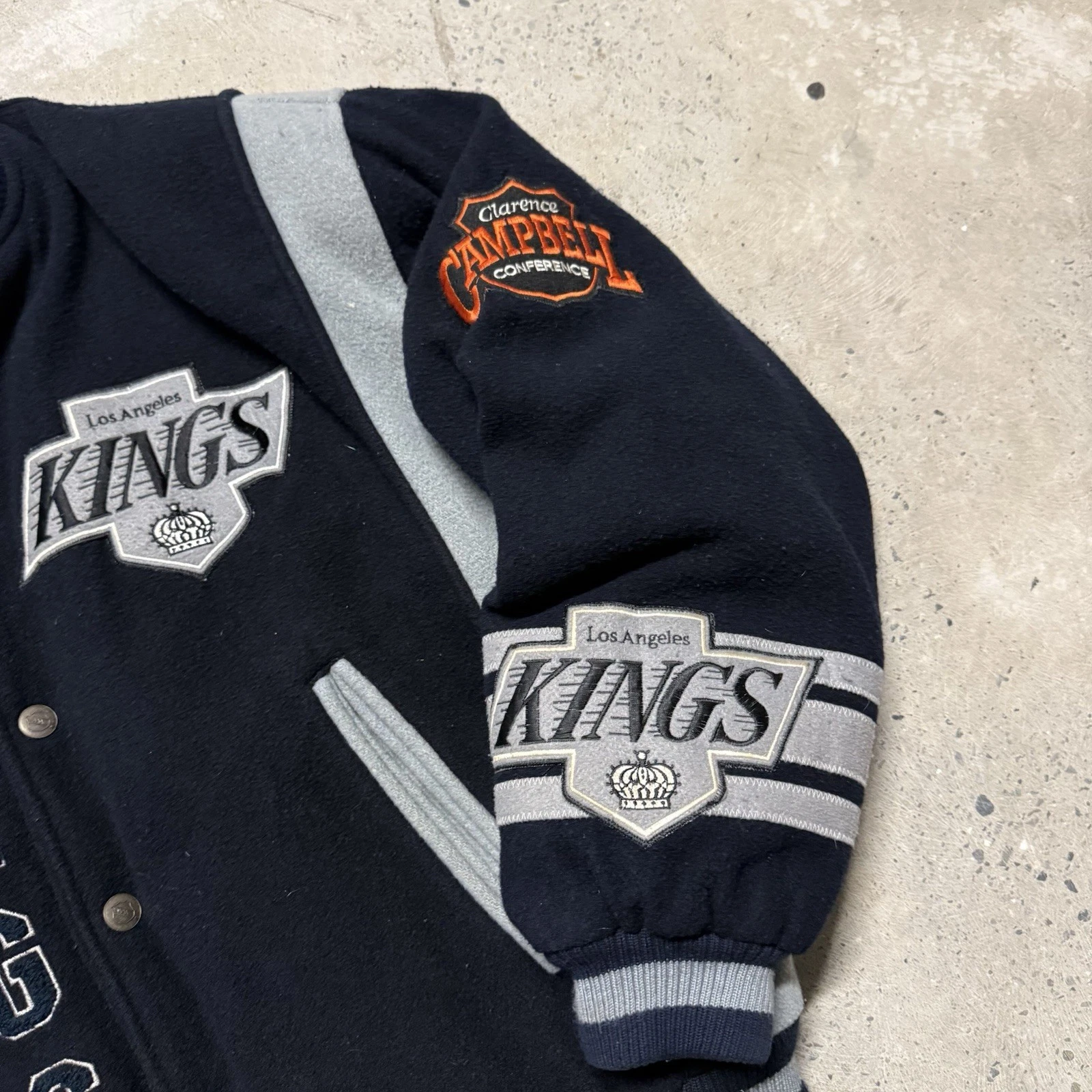 90s NHL Nutmeg LA Kings Wool Snap Button Varsity/Bomber Jacket Size L Y2K image 2