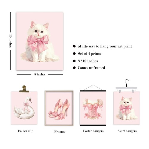 Preppy Decoración de Pared, Coqueta Rosa Arco Gato Cisne Vestido Tacones Altos Impresión Arte de Pared... - Imagen 5 de 5