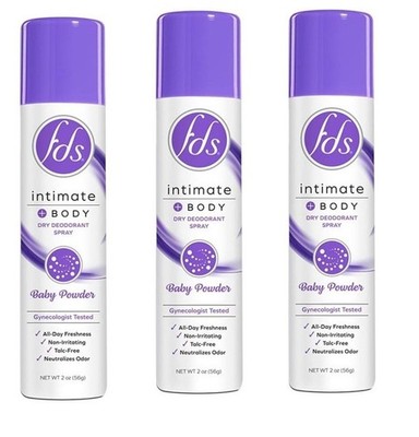 BL Fds Intimate + Body Dry Spray Deodorant Baby Powder 2oz X 3 Packs