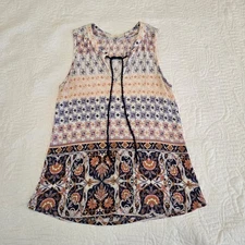 Elodie Anthropologie Sleeveless V Neck Tie Floral Motif Top Blouse Large