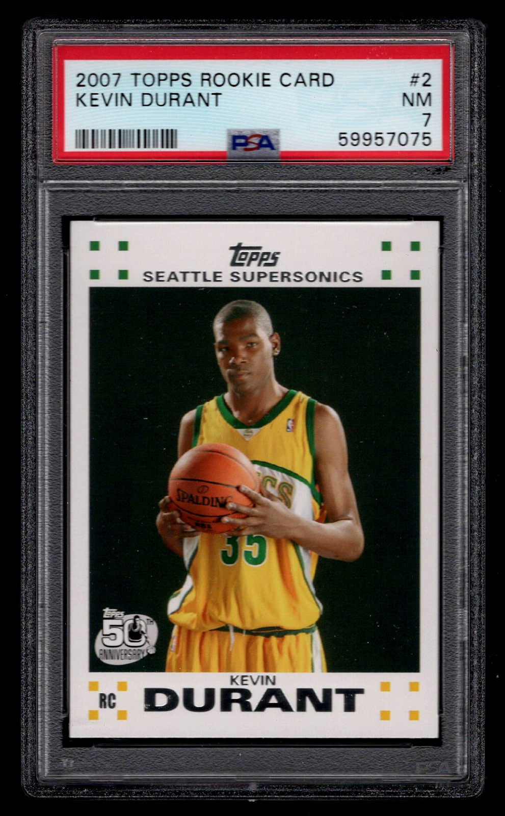KEVIN DURANT 2007 TOPPS ROOKIE CARD #2 PSA 7 NM 2007-2008 NBA BASKETBALL RC KD .