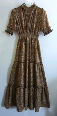Max Studio Dress Women's XS Floral Tiered Maxi Ruffle Smocked Bohemian