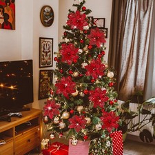 15 PCS Poinsettia Flower Artificial Poinsettia with Clips Christmas Decor Glitte