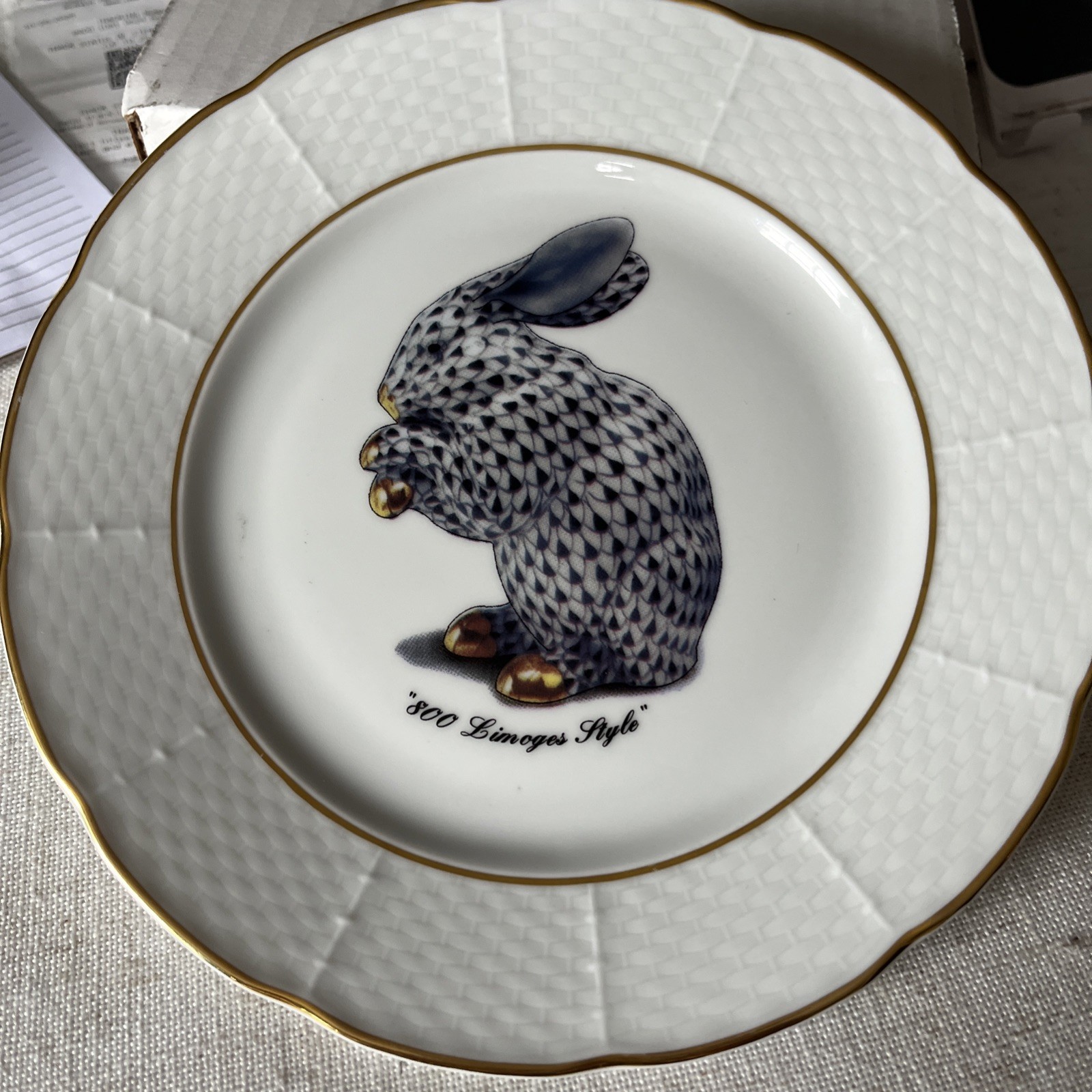 Vintage Herend Blue Fishnet Bunny Rabbit Email Limoges Décor Plate 5.75" EUC