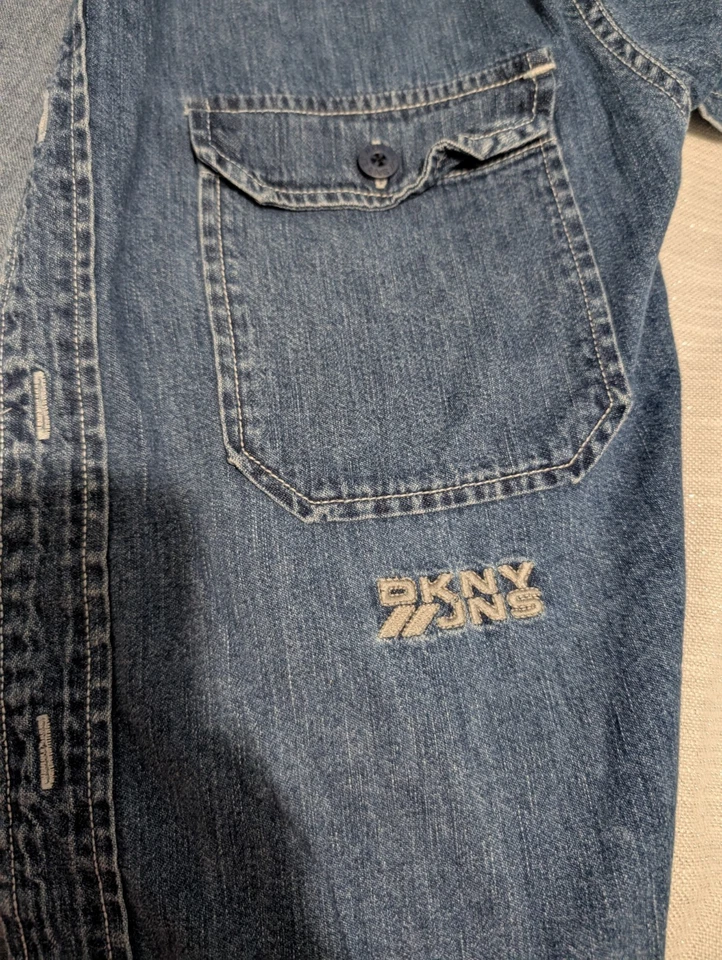 Vintage 90s RARE DKNY Jeans Blue Button Down Shirt Mens Short Sleeve Size Med.  - Image 3 of 4