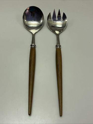 VTG Long Teak Wood Handle Spoon & Fork Salad Serving Utensil Set Norway MCM