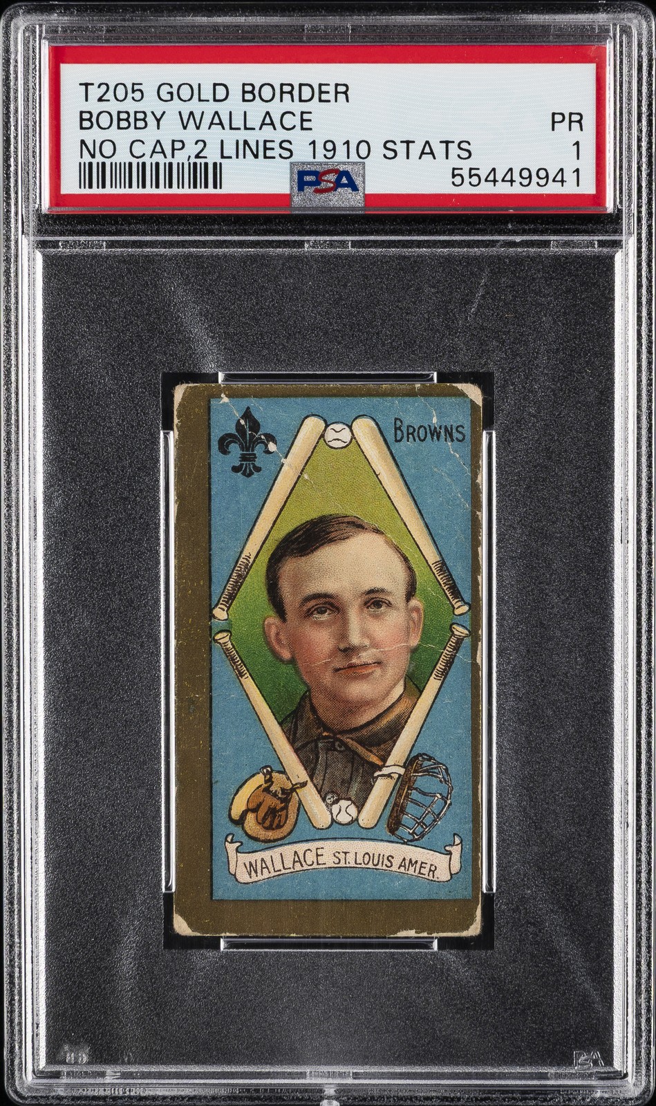 1911 T205 GOLD BORDER NO CAP,2 LINES 1910 STATS BOBBY WALLACE PSA 1