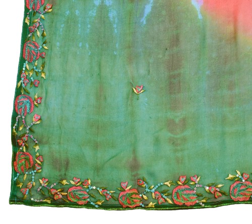 Sushila Vintage Red Green Georgette Silk Dupatta Floral Embroidered Long Stole - Picture 3 of 9